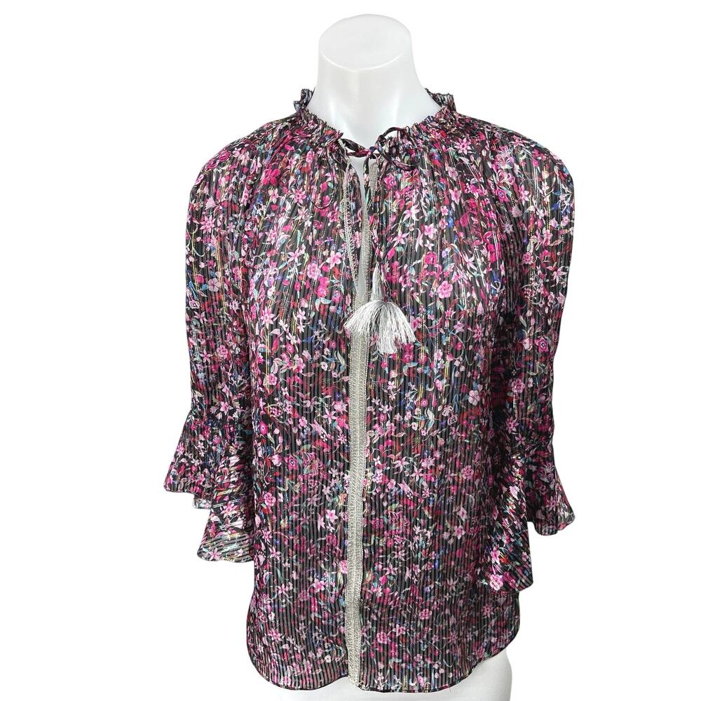 Elie Tahari Venisia Multicolor Silk Metallic Floral Pleated Plisse Blouse Top XS